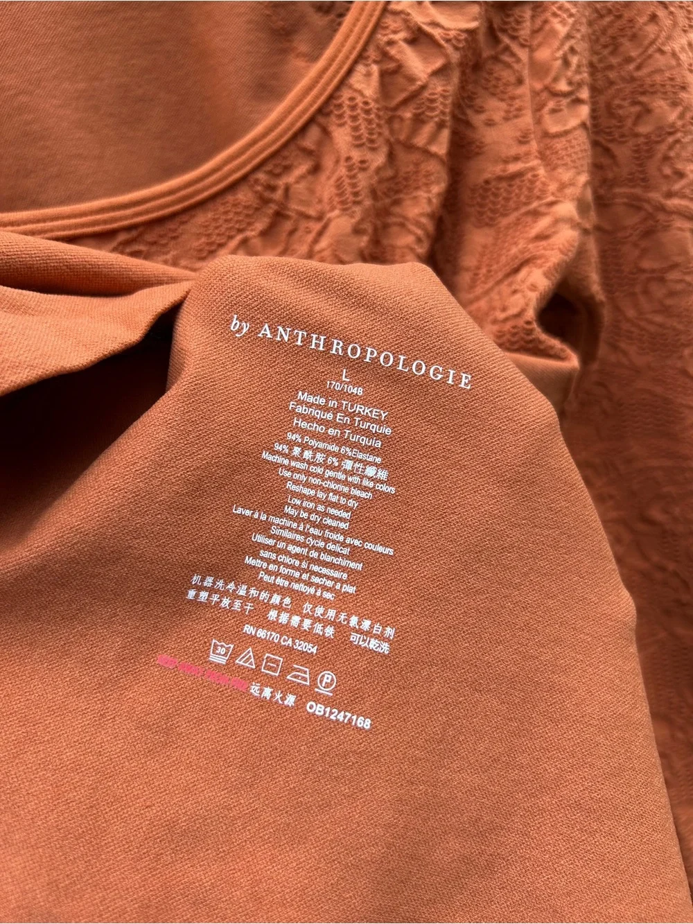 Anthropologie Lace-Trim Long-Sleeve Top in Rust Orange L Stretch Scoop Back NEW